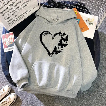 Heart Printed Hoodies for Woman Autumn Winter Daily Casual Sporty Hooded Sweatshirts Female Home Outdoor Comfort Loose Pullover - Lady T Fashions