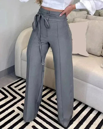 Women's Pants 2023 Spring Fashion Tied Detail Straight Leg Elegant Plain High Waist Long Work Pants Office Lady - Lady T Fashions
