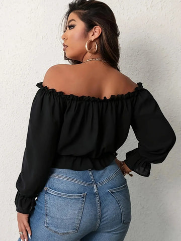 Plus Size Elegant Shoulderless Shirt for Women European and American Style Casual Curve Clothing Vacation Solid Long Sleeve Tops - Lady T Fashions