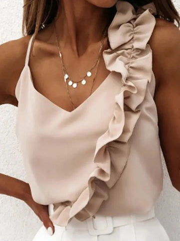 Women Summer Blouse Shirts Sexy V Neck Ruffle Blouses Backless Spaghetti Strap Office Ladies Sleeveless Casual Tops - Lady T Fashions