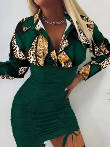 Women's Printed Waist Cinching Drawstring Pleated Hip Hugging Dress Lady T Fashions