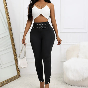 Ladies' Solid Color Casual Style Tight Fitting High Waist Slim Fit Slit Detail Pants Waist Ring Fake Belt Design Sense Tapered Pants Lady T Fashions