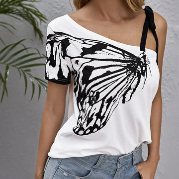 Ladies' Printed Fashion Oblique Shoulder Butterfly Printed Irregular Off Shoulder T-shirt Lady T Fashions