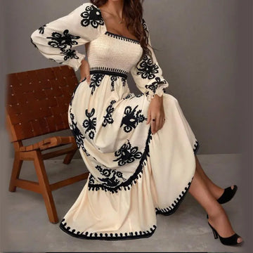 Elegant Women's Retro Geometric Print Lantern Sleeve Dress - Square Neck A-Line With Elastic Cuffs, Casual & Formal Dress Lady T Fashions