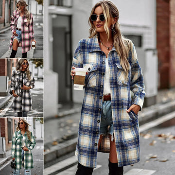 Temperament Leisure Long Plaid Tup Cardigan Coat Lady T Fashions