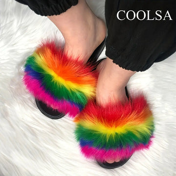 Women's Rainbow Fur Slippers, Comfortable Open Toe Slip On House Shoes, Women's Fashion Slippers Lady T Fashions