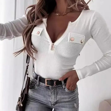 Knitted Slim-fit Long-sleeved Pullover Zipper Top Lady T Fashions