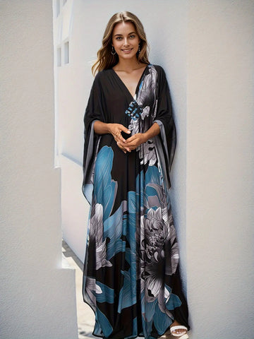 Plus Size Floral Print Dress - Elegant V-Neckline, Flowy Batwing Sleeves, Effortless Casual Style - Designed for Plus-Size Women, Ideal for Ramadan Celebrations and Everyday Wear Lady T Fashions