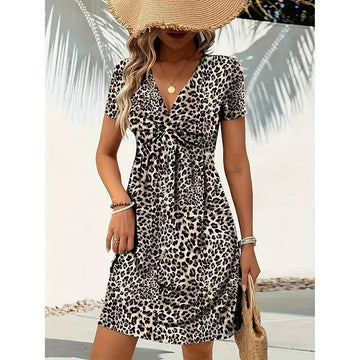 Women's Vibrant Leopard Print Twist Front V Neck Casual Summer Short Sleeve Bodycon Mini Dresses Lady T Fashions