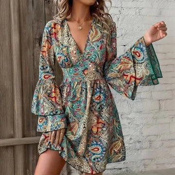 Elegant V-Neck Floral Print Dress - Layered Bell Sleeves, A-Line Waisted Party Dress For Women, Spring Summer Holiday Outfit Lady T Fashions