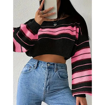 Women's Color Block Striped Sweater Crew Neck Lantern Sleeve Cropped Pullover Tops Lady T Fashions