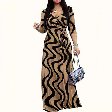Women's Summer Geometric Print Maxi Dresses Casual 3 4 Sleeve V-Neck Tie Waist Long Dress Lady T Fashions