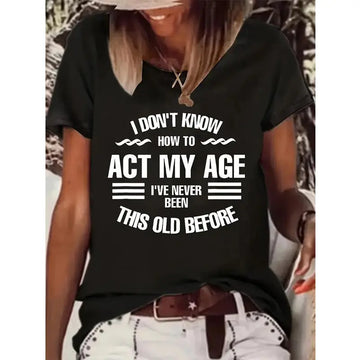 Women's Slogan Print Round Neck T-Shirt - Casual Short Sleeve Summer Top Lady T Fashions