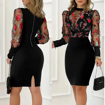 Women's Elegant Round Neck Long Sleeve See Through Floral Print Bodycon Dress For Spring & Summer Lady T Fashions