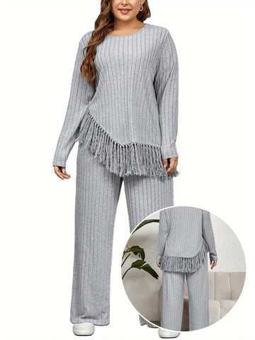 2 Piece Plus Size Women Outfits: Irregular Tassel Long Sleeves Shirt and Elastic Wide Leg Pants Set for Streetwear Lady T Fashions