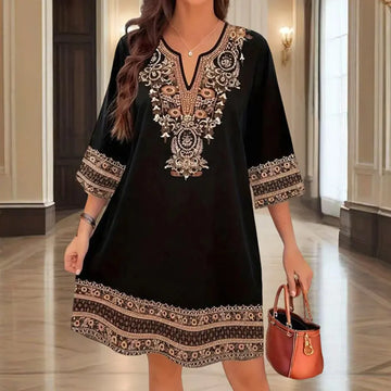 Women's V-Neck Middle Eastern Style Floral Print Midi Dress - Elegant Sleeve Design Lightweight Perfect For Spring&Summer Vacation & Daily Wear Lady T Fashions