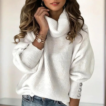 Women's Solid Color High-Neck Sweater - Button Cuff Detail, Cozy Fall&Winter Loose-Fit Top Lady T Fashions