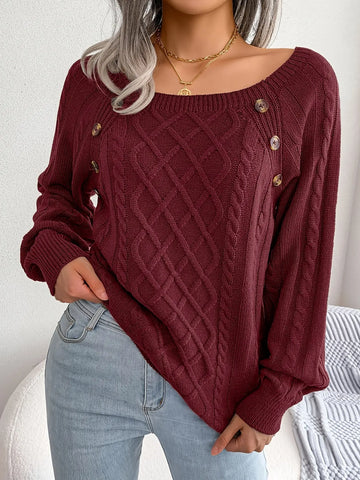 Texture Button Lantern Sleeve Sweater - Women's Round Neck Sweater Lady T Fashions