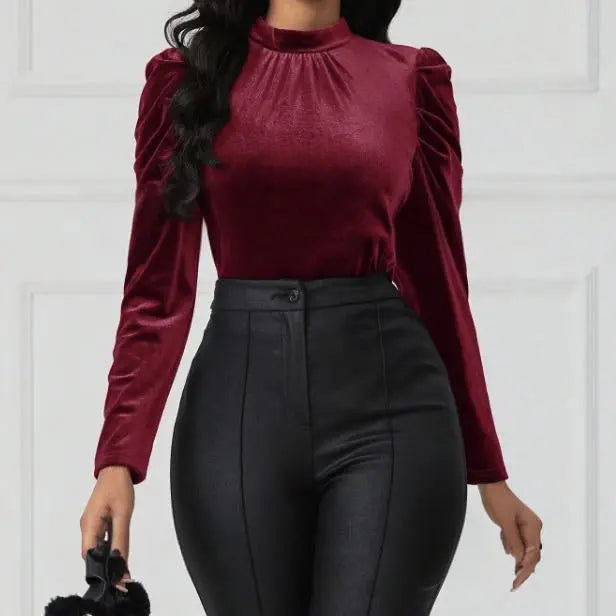 Women's Solid Color Round Neck Bubble Sleeve Slim Fit T-shirt Lady T Fashions