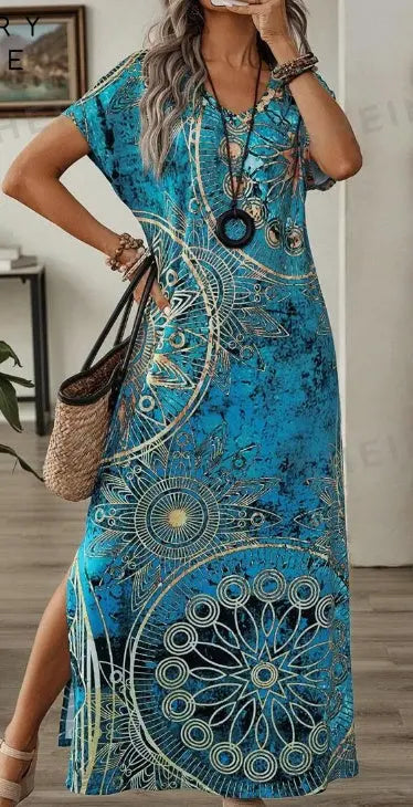 Women's Vintage Floral Print V-Neck Batwing Sleeve Casual Summer Dress Maxi Women Dresses Long Dress Lady T Fashions