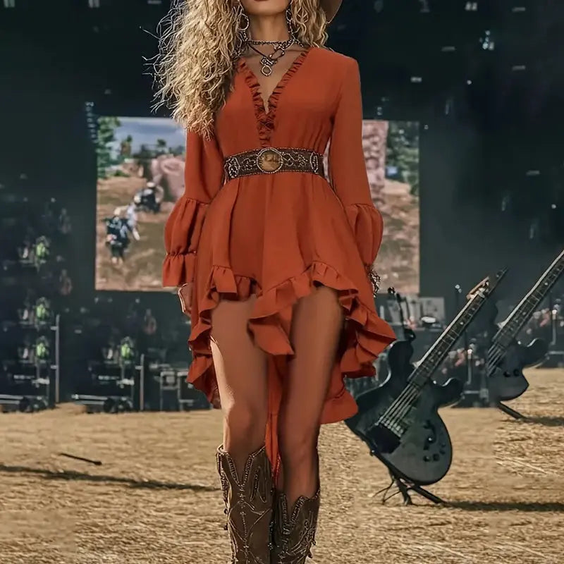 Womens Sexy Deep V Neck Western Cowgirl Dress Casual Long Sleeve Ruffle Irregular Hem Vintage Country Concert Dresses , No Belt Included Lady T Fashions
