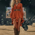 Womens Sexy Deep V Neck Western Cowgirl Dress Casual Long Sleeve Ruffle Irregular Hem Vintage Country Concert Dresses , No Belt Included Lady T Fashions