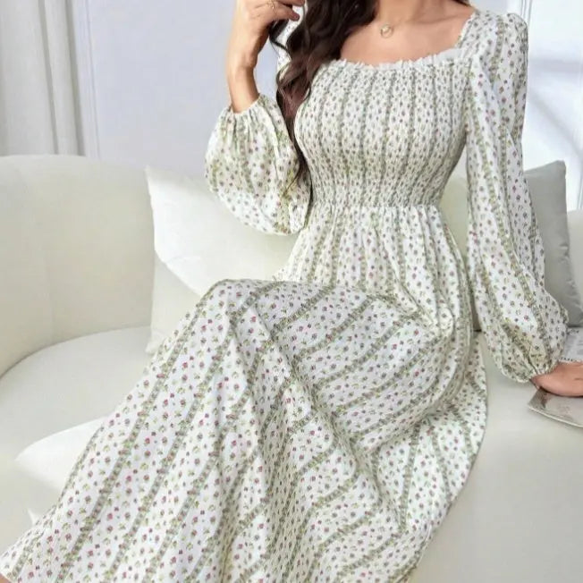 Ladies' Lantern Sleeve Pleated Lace Striped Floral Print Long Dress Lady T Fashions