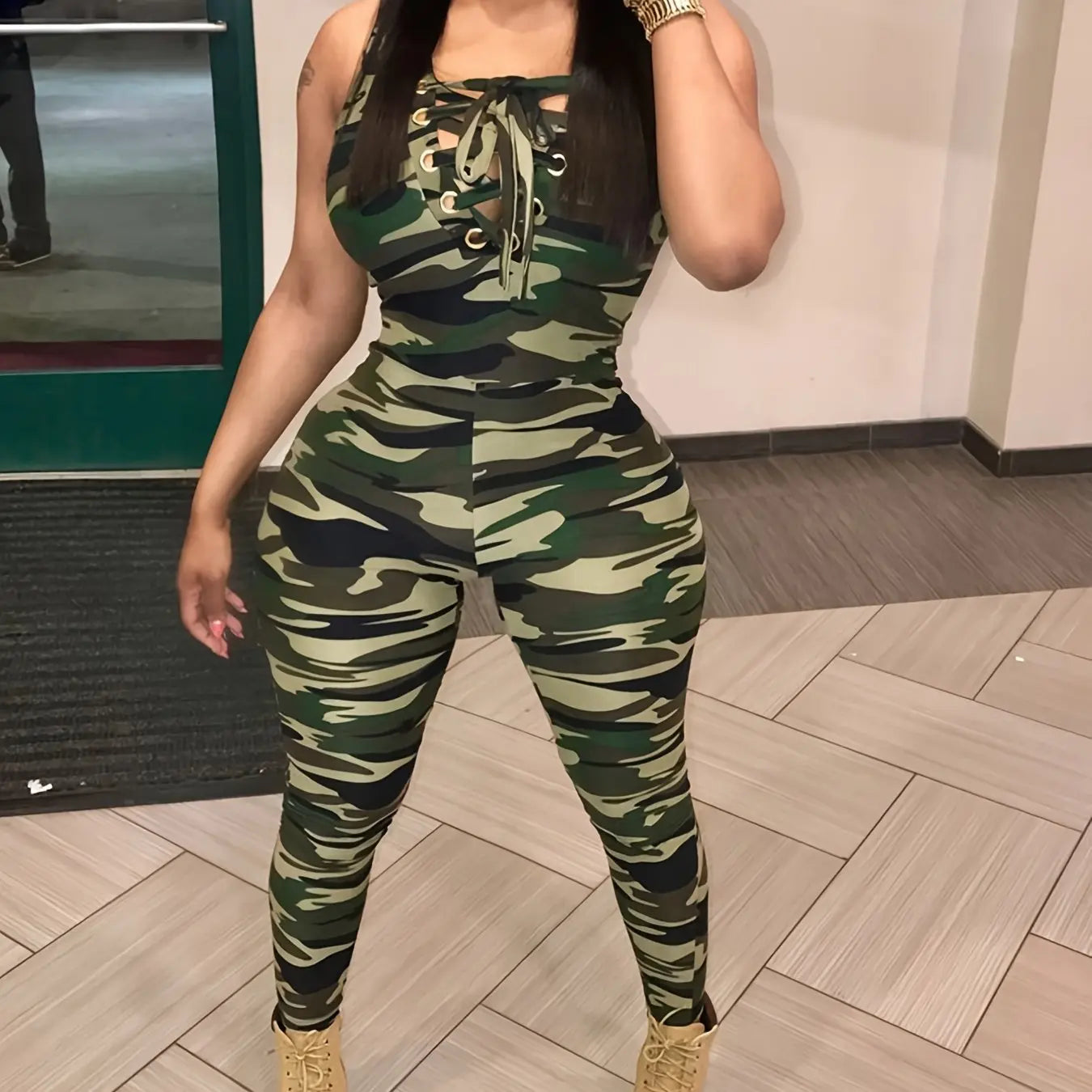 Sleeveless Leopard Print Sexy Jumpsuit, Skinny Camouflage Knitted Jumpsuit, Women's Clothing Lady T Fashions