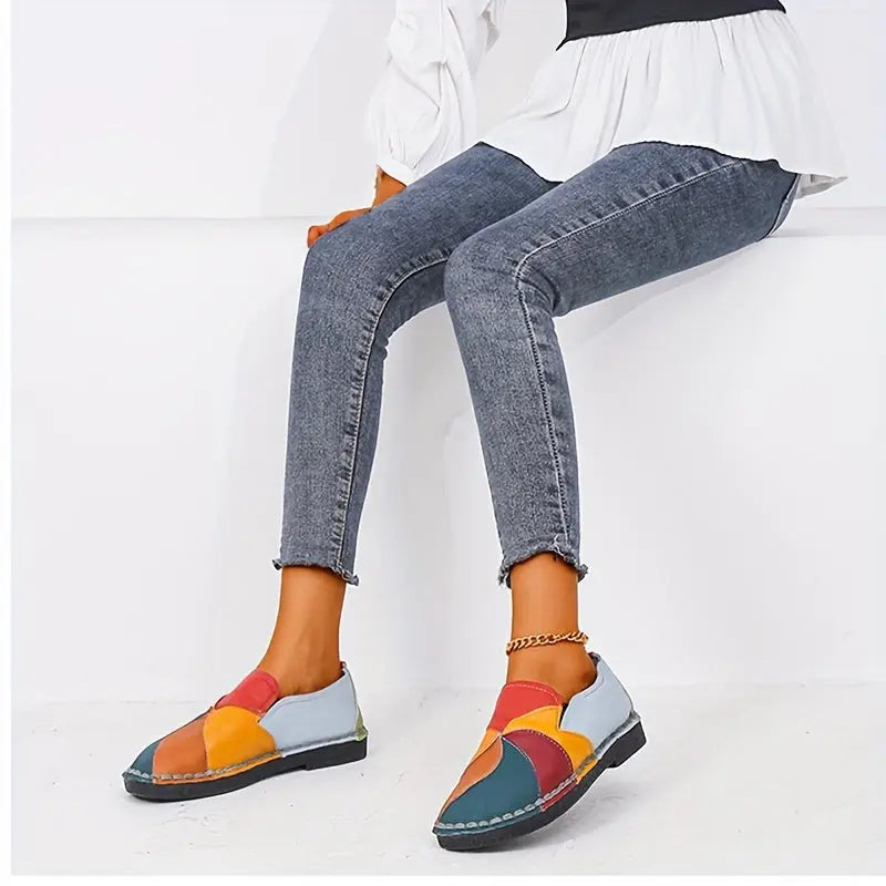 [Fashion Loafers] Soft Colorblock Women's Flat Loafers | Fashion Round Toe Slip On Faux Leather Shoes, Casual Walking Anti-skid Shoes Lady T Fashions
