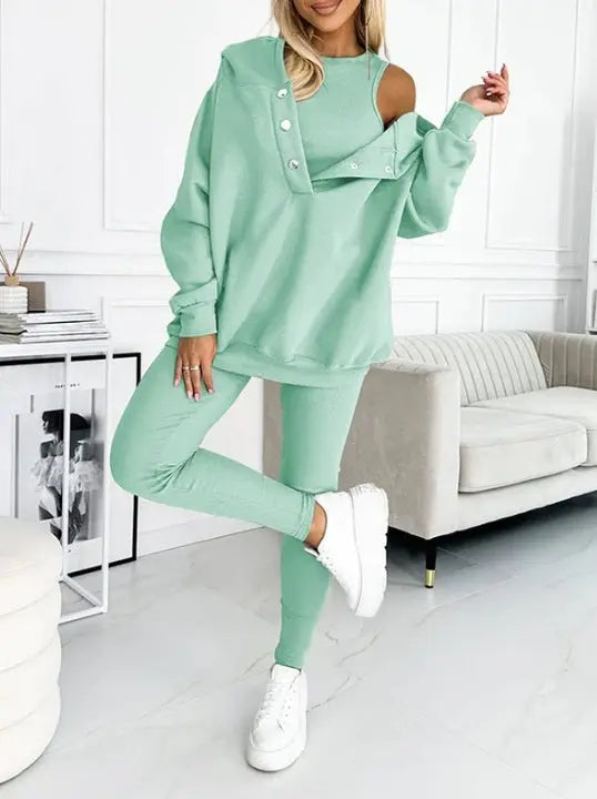 Athleisure Hoodie With Thick Thread Slim-fit Vest Pants Three Pieces Set Lady T Fashions