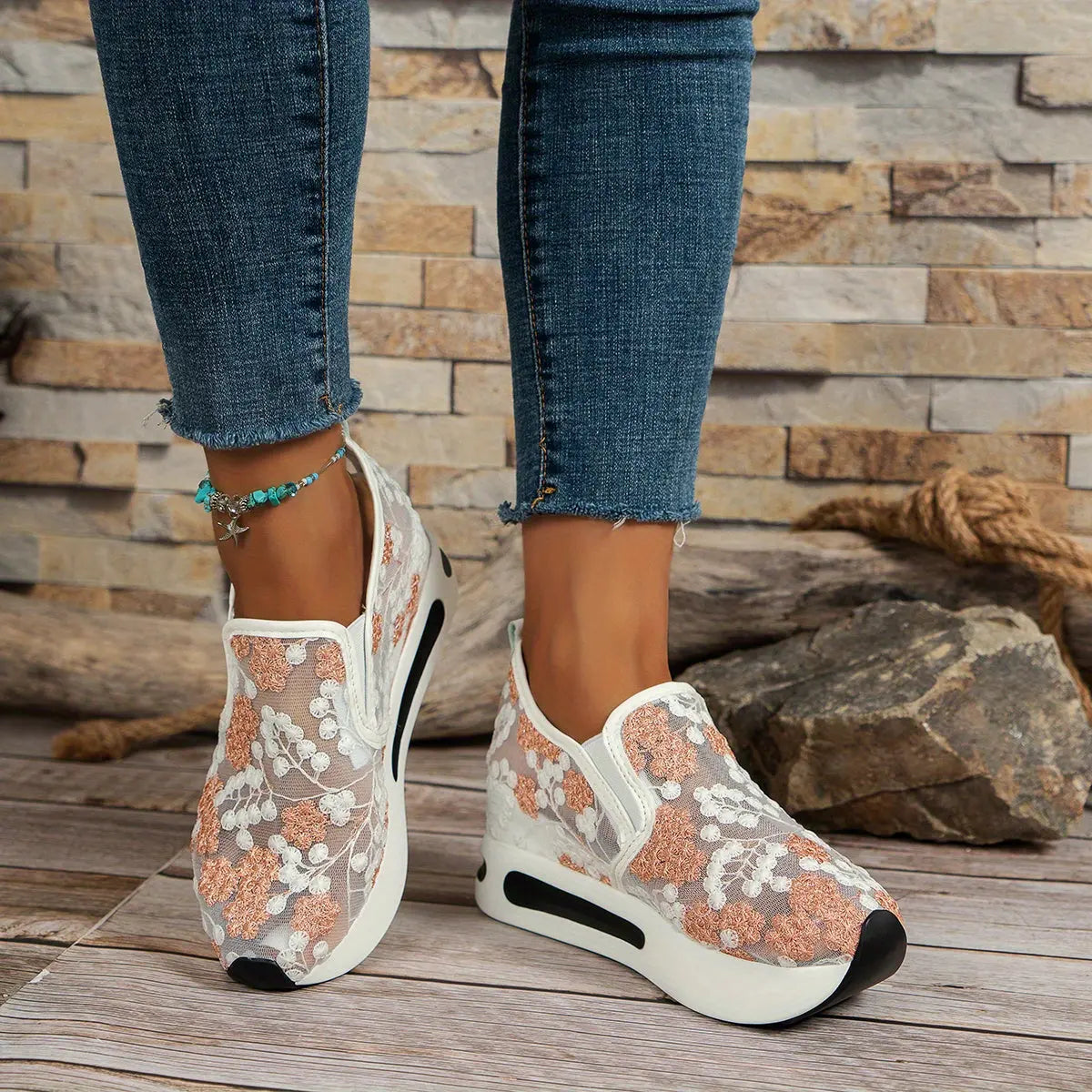 Stunning Floral Lace Platform Shoes - Fashion Sneakers with Height Increasing, Slip-On Design, Low Top Style, and Versatile Casual Wear - Perfect for Everyday Outings and Special Occasions Lady T Fashions