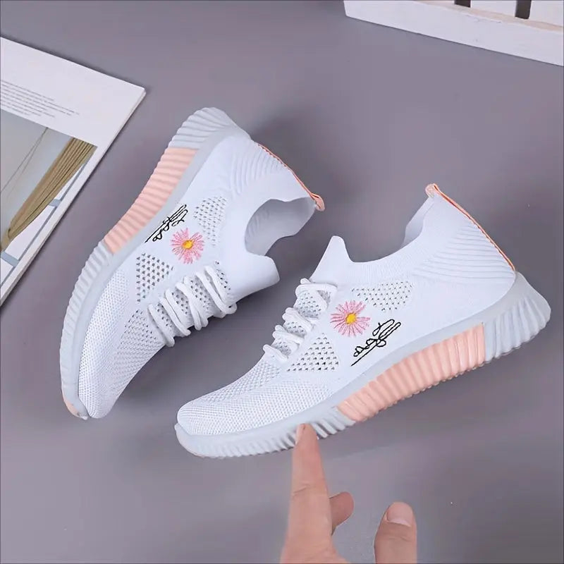 Women's Daisy Knitted Sock Sneakers, Breathable & Comfortable Lace Up Sports Shoes, Casual Running Walking Sneakers Lady T Fashions