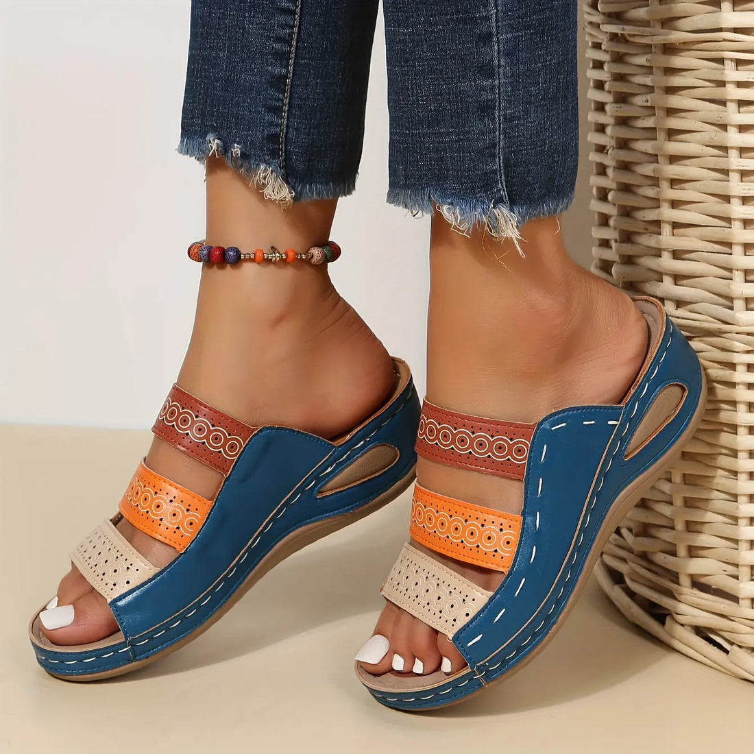 Women's Colorblock Wedge Sandals, Open Toe Hollow Out Slip On Slides Shoes, Casual Outdoor Slides Lady T Fashions