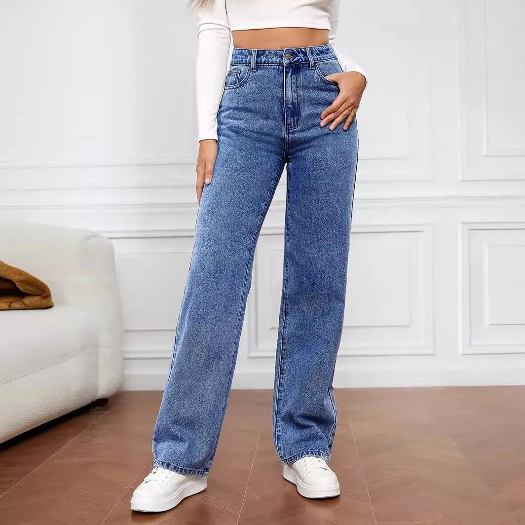 Washed Fashion Straight Jeans Women's Mid Waist Lady T Fashions