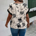 Womens Plus Size Round Neck Blouse - Floral Print Short Sleeve Top With Ruffle Sleeve Detail, Elegant Summer Shirt Lady T Fashions