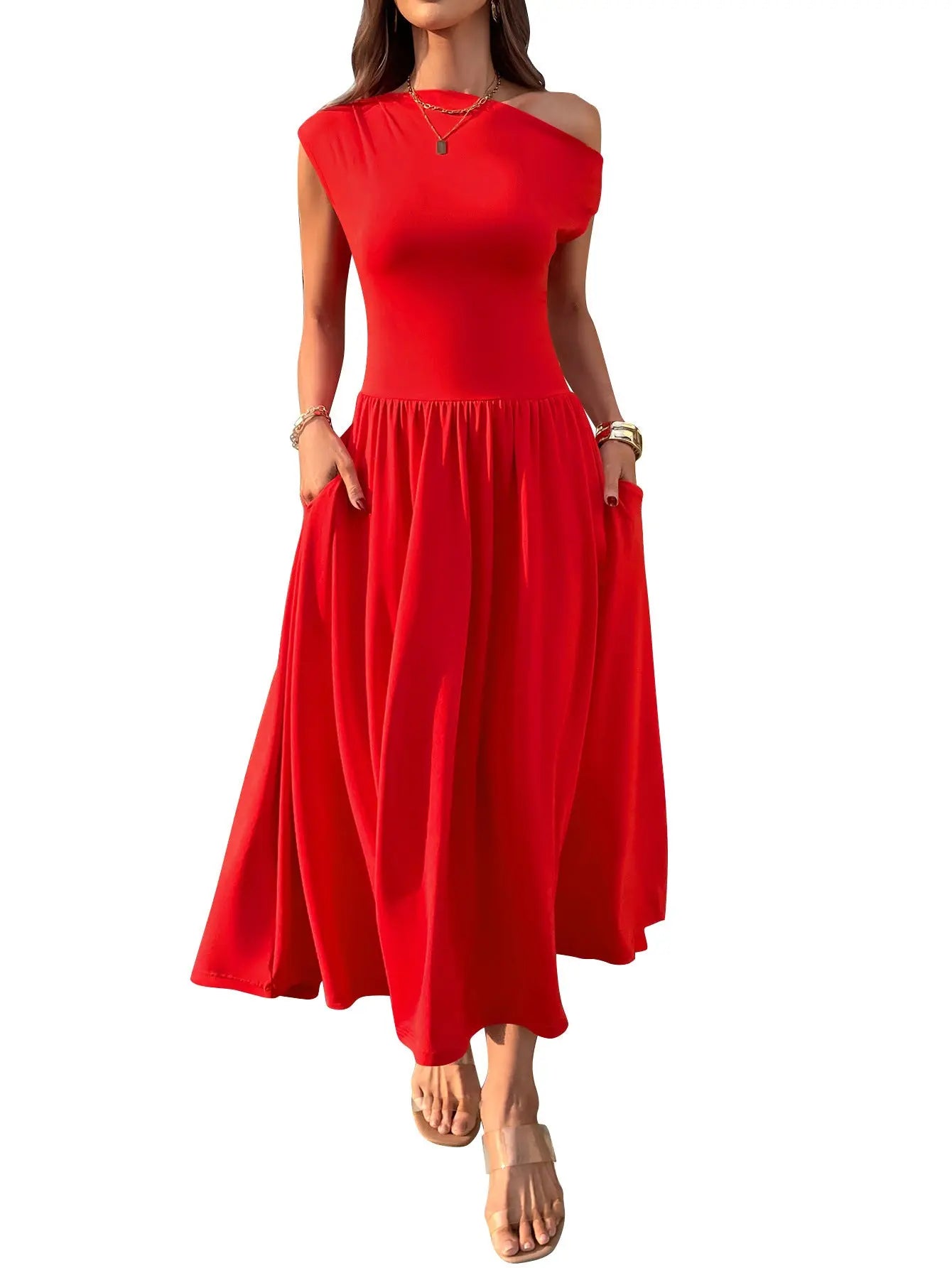 Slant Shoulder Sexy Waist Trimming Long With Pocket Dress Lady T Fashions