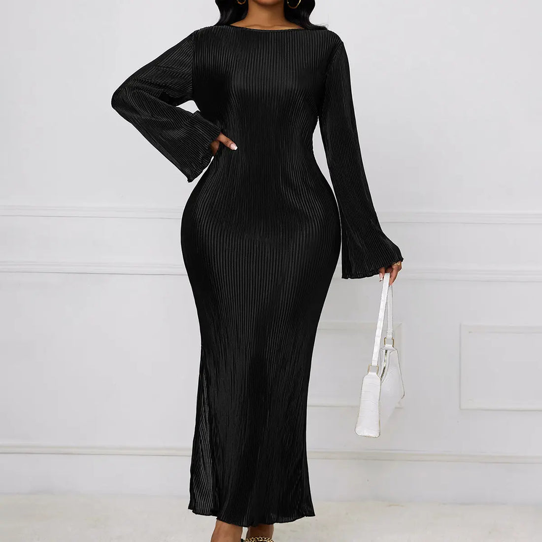 Ladies' Solid Color Fashionable Autumn And Winter Flared Sleeve Ribbed Slit Elegant Long Sleeved Dress Lady T Fashions