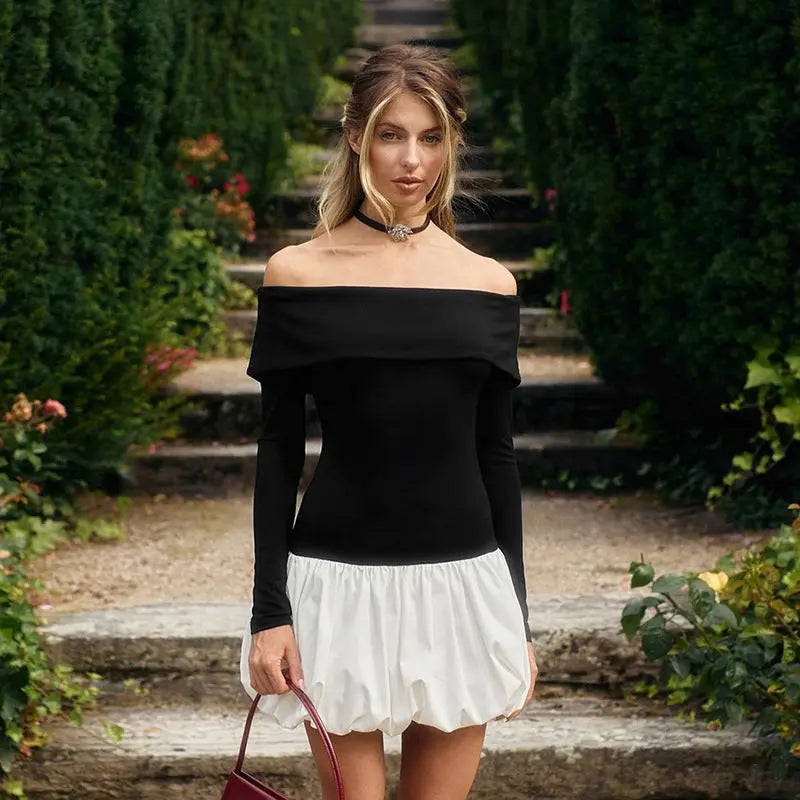 Women's Off-shoulder Long Sleeve Stitching Dress Lady T Fashions