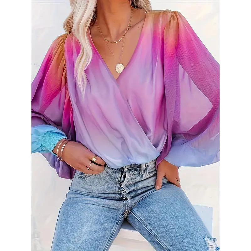 Womens V Neck Gradient Color Long Sleeve Tops 2025 Summer Casual Loose Puff Sleeve Chiffon Shirts Lady T Fashions