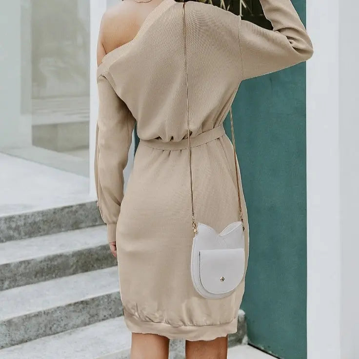 Ladies' Casual Solid Color Sloping Shoulder Collar Women's Fashionable Dress Lady T Fashions