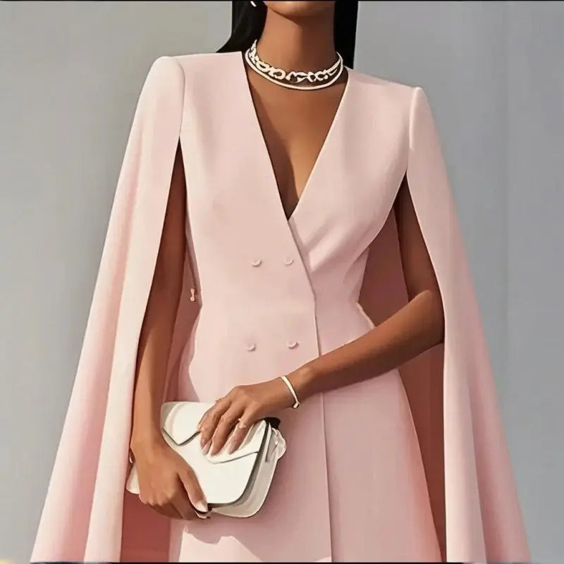 Women's Elegant Solid Color V Neck Double-Breasted Cape Blazer Dress Spring & Summer Party Banquet Outfit Lady T Fashions