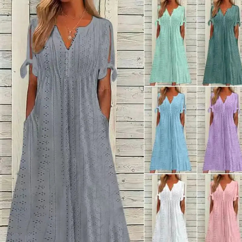 Women's Eyelet V-Neck Maxi Dress Short Sleeve Flowy A-Line Summer Beach Dress Lady T Fashions