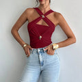Women's Criss Cross Halter Bodysuit Ring Cut Out Sleeveless Fitted Leotard Tops Lady T Fashions