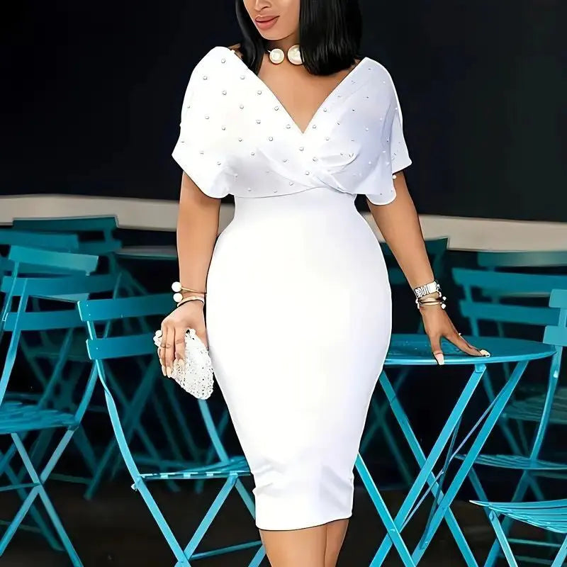 Women's Elegant Deep V Neck Wrap Bodycon Dress Back Zipper Pencil Midi Dress Lady T Fashions