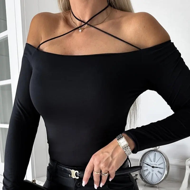 Ladies' Fashionable And Elegant New Off Shoulder Cross Hanging Neck Long Sleeved T-shirt Sexy Solid Color Versatile Top Lady T Fashions