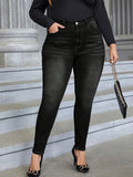 Plus Size Women's High-Waisted Stretch Skinny Jeans - 250-300 lbs Weight Capacity, Deep Black Heavy-Duty Stretch Fabric (Elastic) Pencil Pants, Beltless All-Season Slim Fit Jeans with Button Closure, Machine Washable Elegant Lady T Fashions
