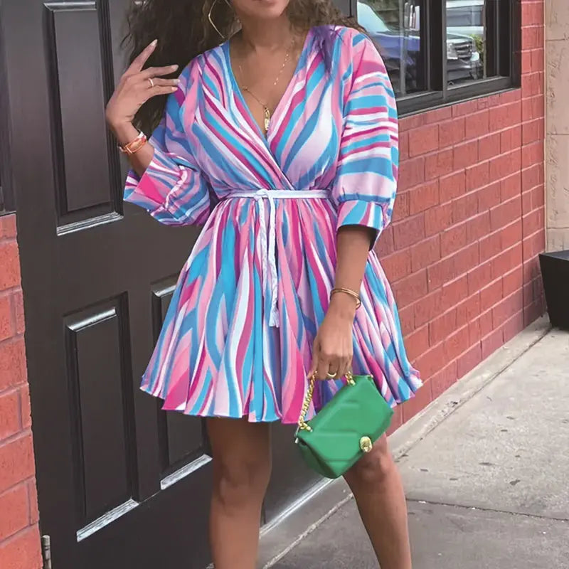 Women's V-Neck Rainbow Stripe Short Dress Three Quarters Sleeve Casual Summer Sundress With Tie Waist Lady T Fashions