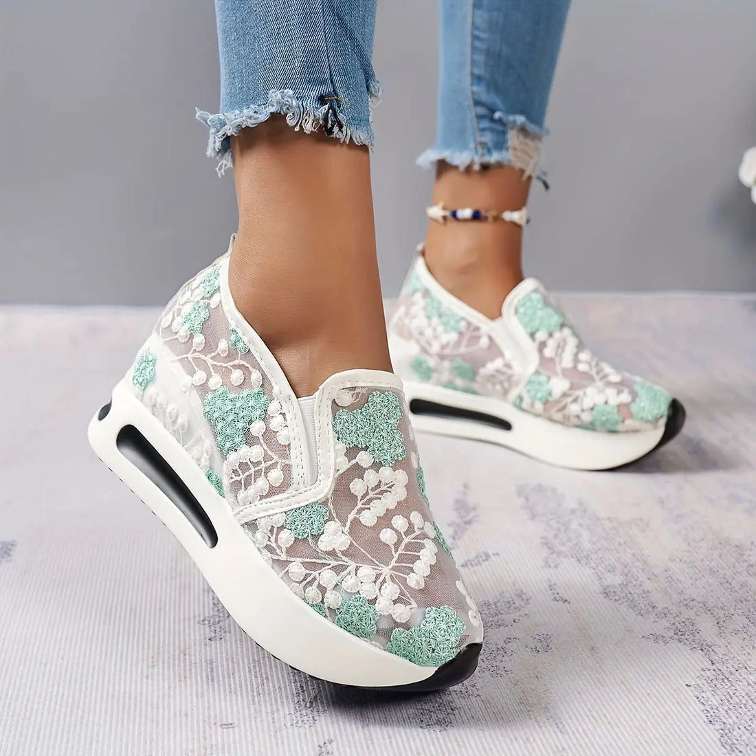 Stunning Floral Lace Platform Shoes - Fashion Sneakers with Height Increasing, Slip-On Design, Low Top Style, and Versatile Casual Wear - Perfect for Everyday Outings and Special Occasions Lady T Fashions