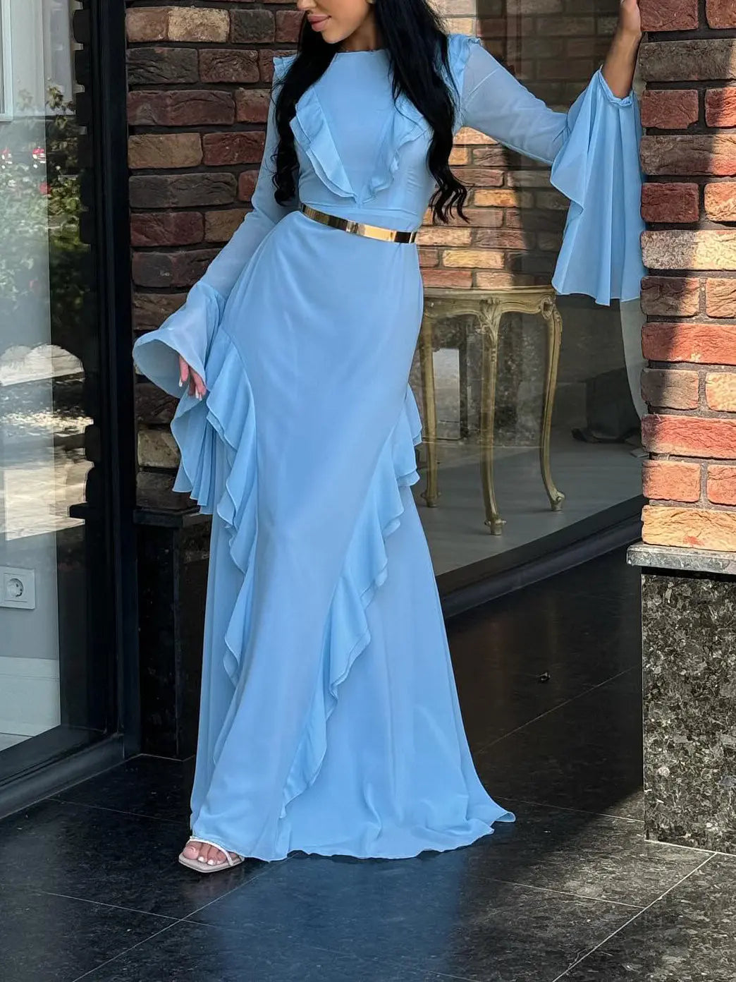 Round Neck Ruffled Long Sleeve Maxi Dress Lady T Fashions