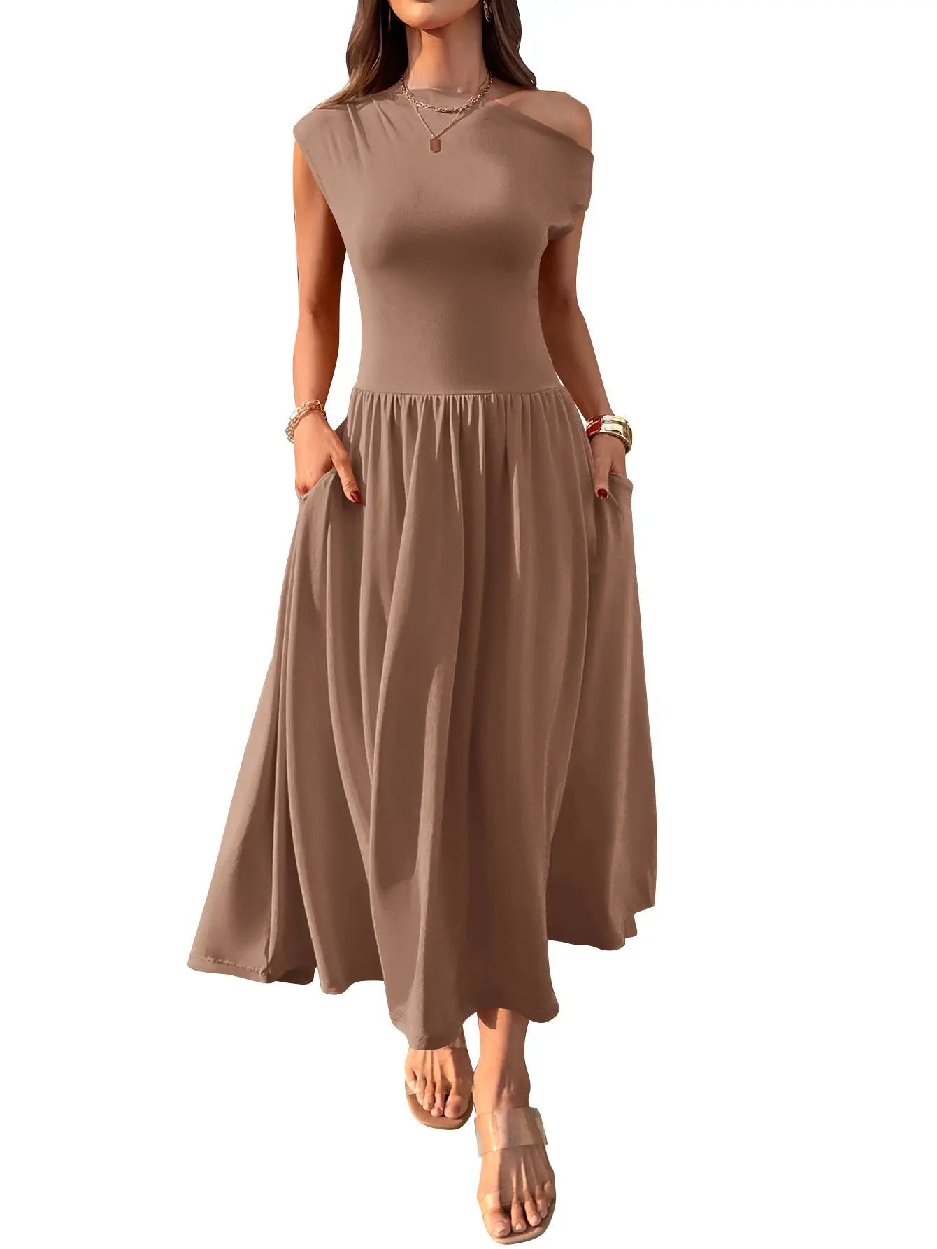Slant Shoulder Sexy Waist Trimming Long With Pocket Dress Lady T Fashions